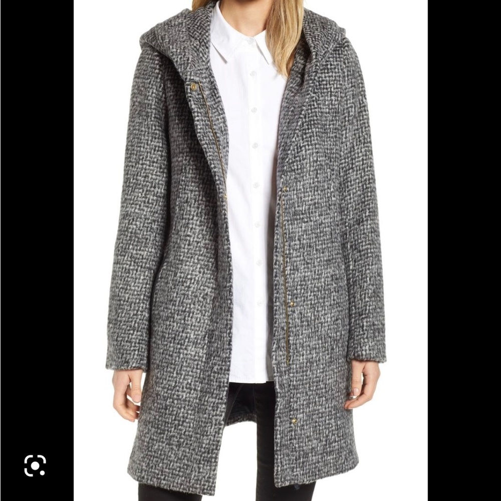 Cole Haan Fuzzy Houndstooth Hooded Coat